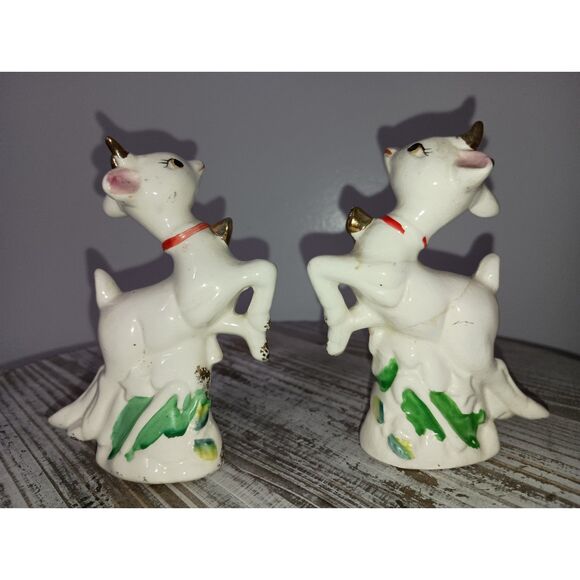 Vintage Christmas Reindeer Salt & Pepper Shakers w. Candy Cane Gold Antlers Set - Picture 2 of 7